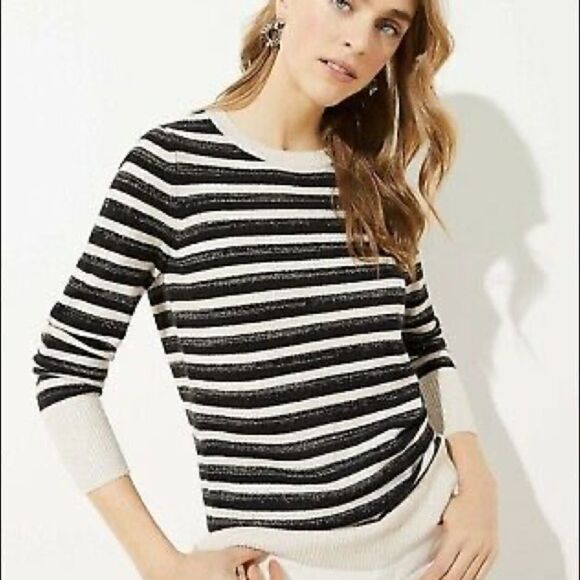 LOFT Lurex Shimmer Striped Crew Neck Cuffed Sweater - Picture 1 of 6